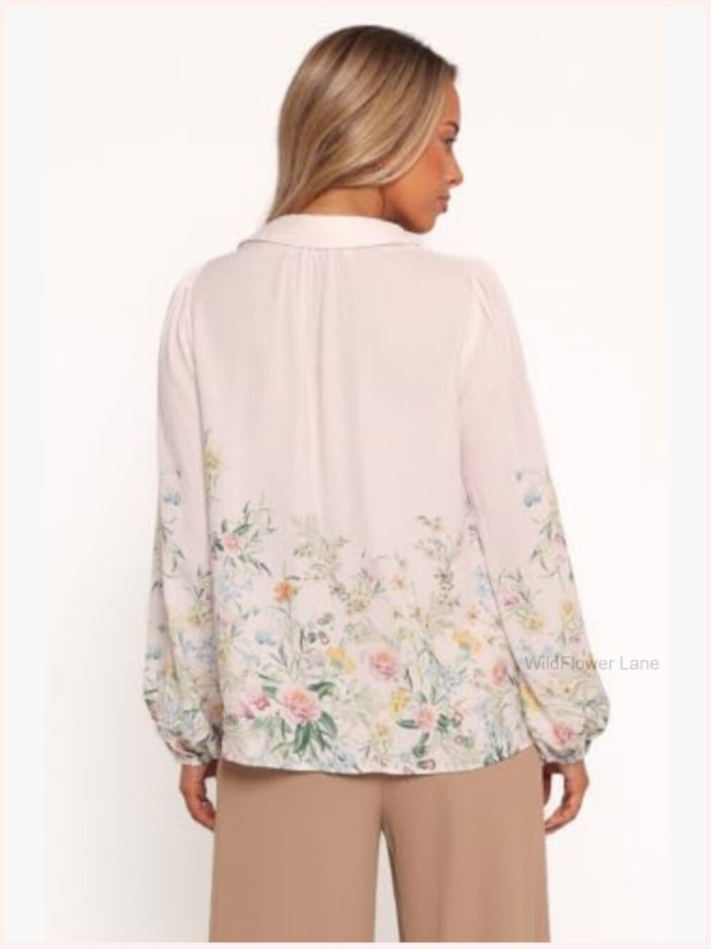 Women's Button Down Blouse Long Sleeve Floral Puff Sleeve Linen Blend - Picture 3 of 4